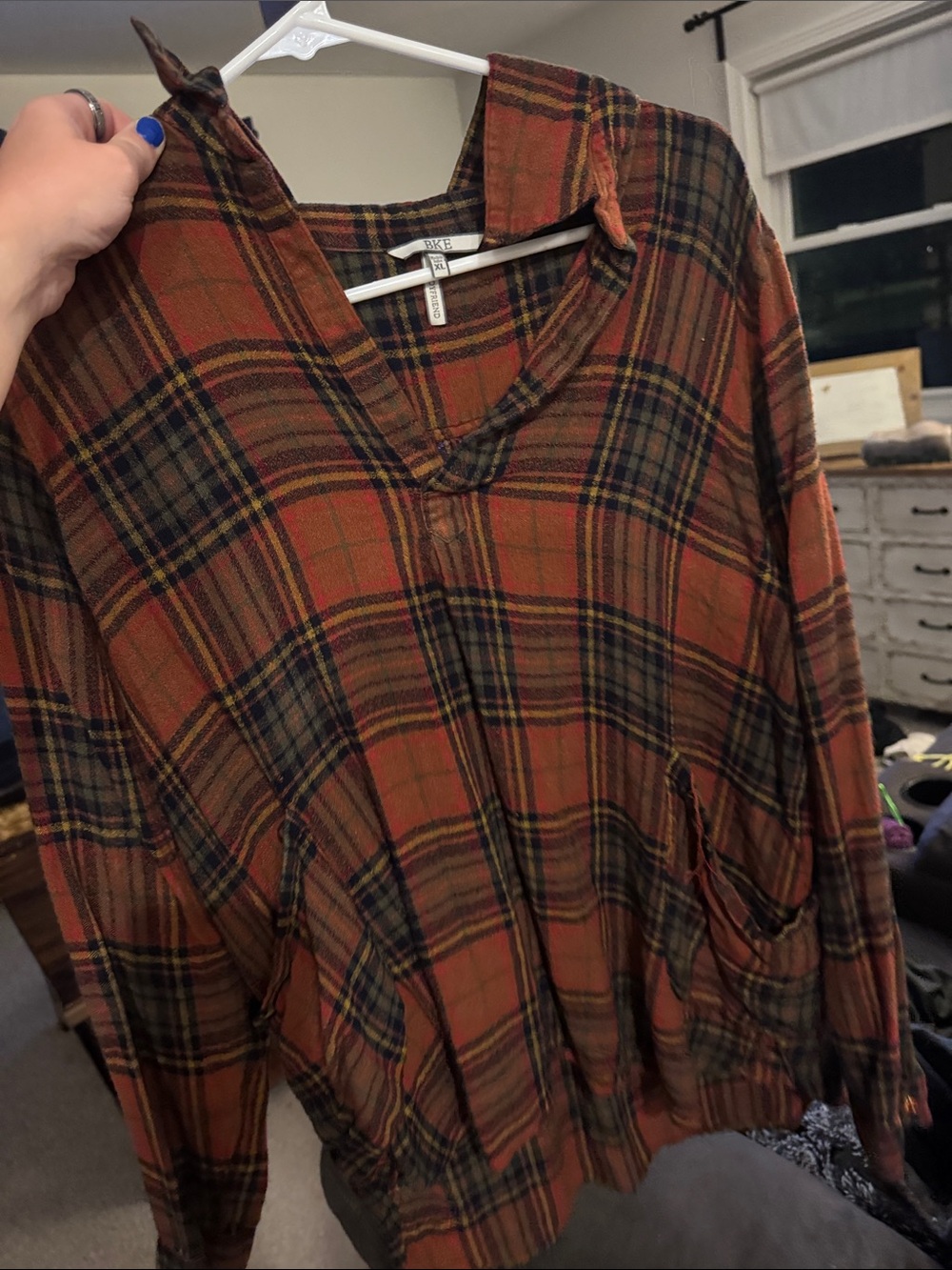 BKE Rust Plaid V-Neck Pullover Hoodie